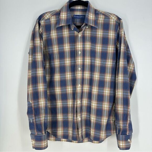 EXECUTIVE COLLECTION BY Tom James Navy Orange Plaid Long-sleeve Button Down Sz M - Picture 1 of 4